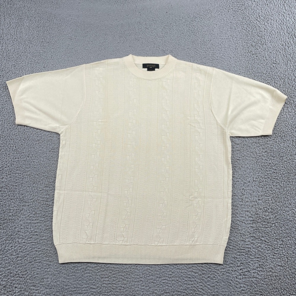 Protege Sweater Mens Large Cream Short Sleeve Silk Cotton Textured Knit Crewneck
